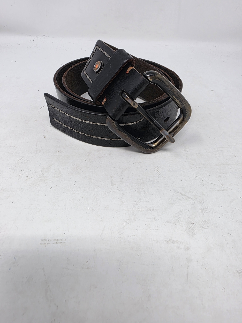 Timberland Men Black Leather Belt Size 36 Heavy Stitch Antique Brass Buckle